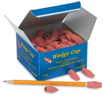 Pink Pencil Top Erasers - Box of 144 shown open with three loose on table, and one on a pencil
