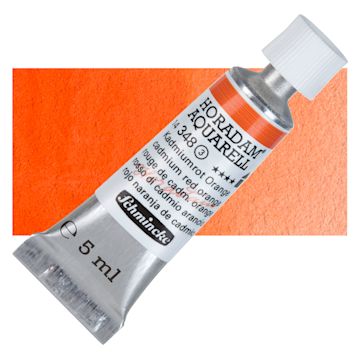Open in modal - Schmincke Horadam Aquarell Artist Watercolor - Cadmium Red Orange, 5 ml tube and swatch