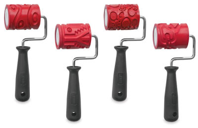 Amaco Clay Texture Rollers - Style 1 Classpack components shown as 4 handles and 4 texture sleeves