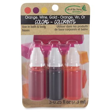 Open in modal - Life of the Party Soap Dyes - Blister package of Wine, Orange, and Gold Dyes