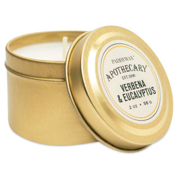 Paddywax Apothecary Tin Candle - Verbana and Eucalyptus, 2 oz (lid resting on side of tin)