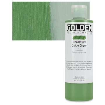 Open in modal - Golden Fluid Acrylic - Chromium Oxide Green, 8 oz bottle and swatch