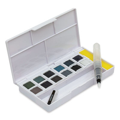 Derwent Tinted Charcoal Paint Pan Set - Set of 12, Assorted Colors (Pan set with waterbrush and sponge, Angled)