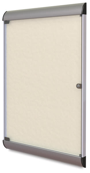 Ghent Enclosed Tackboard-right angle with metal frame, locking glass door shown in Ivory color