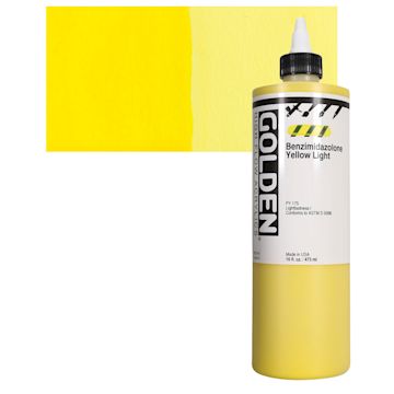 Open in modal - Golden High Flow Acrylic Paint - Benzimidazolone Yellow Light, 16 oz bottle and swatch