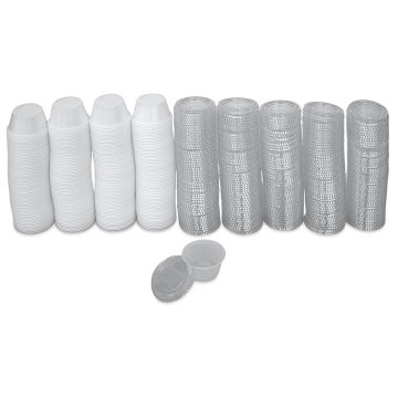 Uline Plastic Cups with Lids - 250 2 ounce cups and lids shown stacked in a row