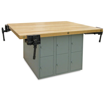 Hann Four-Station Locker-Type Workbench - showing 12 Vertical lockers and 4 vises 