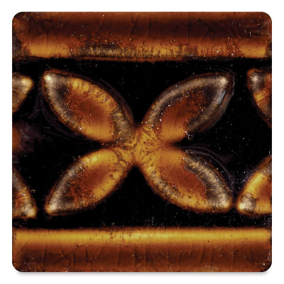 Amaco Potter's Choice Glazes - Aventurine, PC-64. Color sample with black-golden contrast colors.