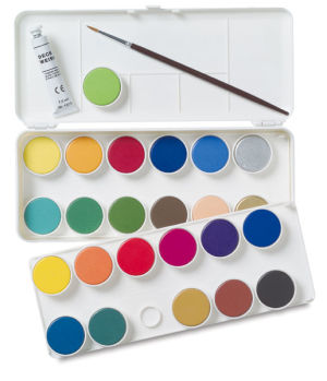 Grumbacher Watercolor Pans - Opaque Pan, Set of 24 Colors (Shown with brush and paint tube)