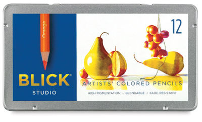 Blick Studio Artists' Colored Pencils - Assorted Colors, Set of 12. Front of closed tin box. 