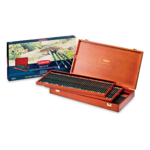 Derwent Artist Pencil Set - Wood Box open with packaging adjacent, and 120 pencils in 3 Wood trays 