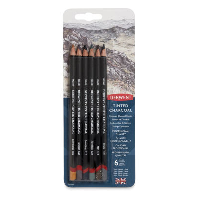 Derwent Tinted Charcoal Pencil Set - Front view of Blister Pack, Set of 6