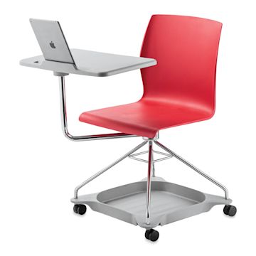Open in modal - National Public Seating Red CoGo Chair-left view showing storage and slotted tablet arm in front