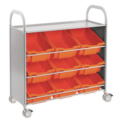 Gratnells Callero Plus Tilted Tray Cart - Angled view of Cart with 9 Red Trays
