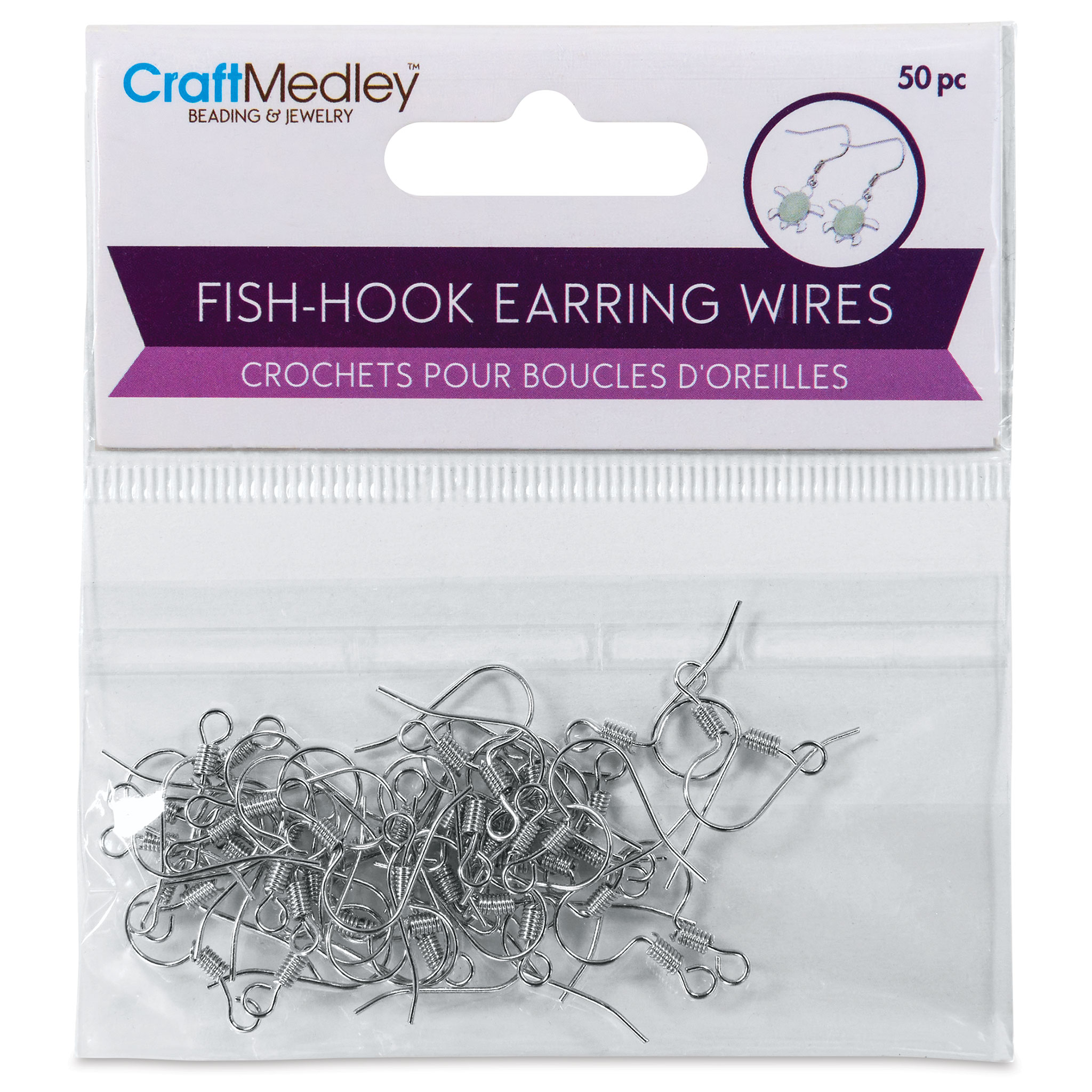 Craft Medley Fish Hook Earring Wires - Silver, 19 mm, Pkg of 50
