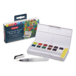 Derwent Inktense Paint Pan Set - Open palette showing 12 colors shown with package adjacent
