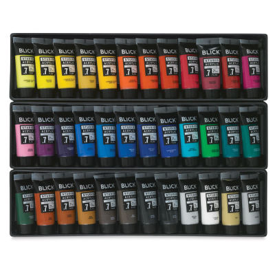 Blick Studio Acrylic Paints - Set of 36 colors, 21 ml tubes. Inside three rows of tubes. 