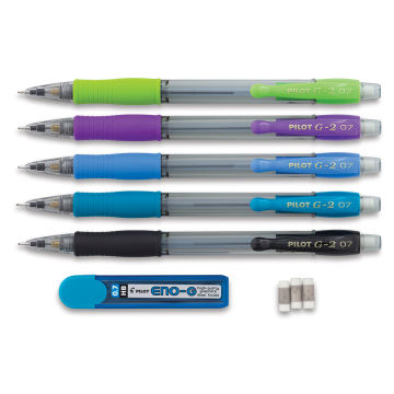 Pilot G2 Mechanical Pencils - Set of 5 pencils shown horizontally with extra leads and erasers