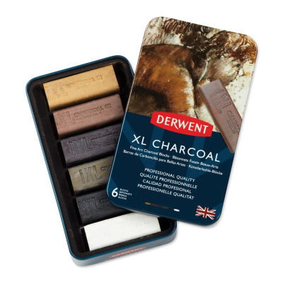 Derwent XL Charcoal Block Set - Set of 6 shown in open tray with lid adjacent