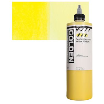Open in modal - Golden High Flow Acrylic Paint - Transparent Benzimidazolone Yellow Medium, 16 oz bottle and swatch