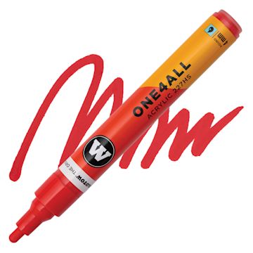 Open in modal - Molotow One4All Acrylic Marker - 4 mm Tip, Cherry Red, Bullet Tip, swatch and marker
