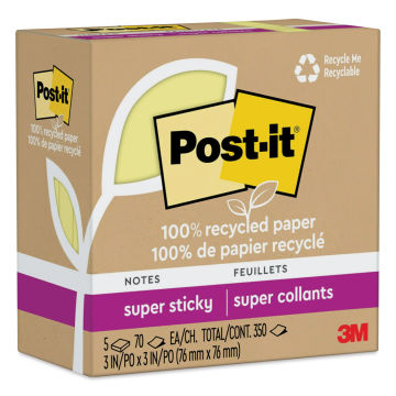 Post-it Recycled Super Sticky Notes - Canary Yellow, 3" x 3", Pkg of 5, front of packaging