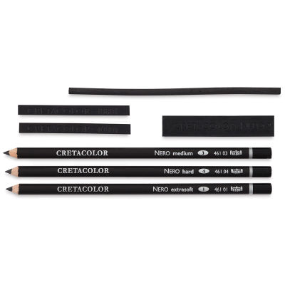 Cretacolor Nero Deep Black Pencils and Set - 7 pieces of Pencils and charcoal shown horizontally
