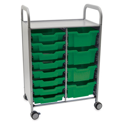 Gratnells Callero Plus Cart - Angled view of cart with 8 Green shallow trays and 4 Green deep trays