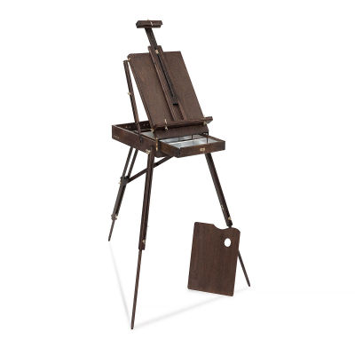 Jullian Vintage Easel - Easel set up with drawer open, mast extended and palette leaning on leg