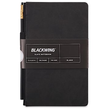 Open in modal - Blackwing Slate Notebooks - Front view of packaged blank black notebook with pencil