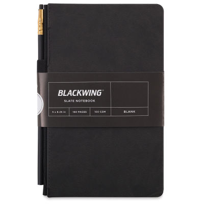 Blackwing Slate Notebooks - Front view of packaged blank black notebook with pencil