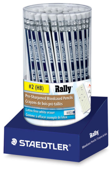 Staedtler Rally Pencils - Front view of package and tub of 72 pencils 