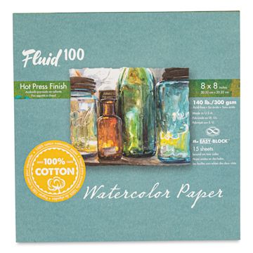 Open in modal - Fluid 100 Watercolor Paper Block - 8" x 8", Hot Press, 140 lb, 15 Sheets