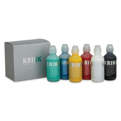 Krink K-60 Paint Markers - Set of 6 bottles shown adjacent to package