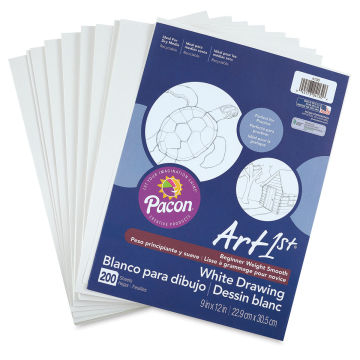 Pacon Art1st White Drawing Paper - Top view of package with label and sheets fanned
