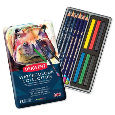 Derwent Watercolor Pencil Set - Tin Box of Set of 12, open showing components of set