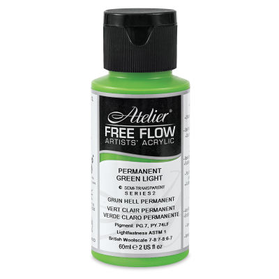 Chroma Atelier Free Flow Artists' Acrylics - Front of Permanent Green Light bottle
