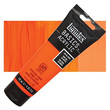 Open in modal - Liquitex Basics Acrylic Paint - Fluorescent Orange, 4 oz tube and swatch