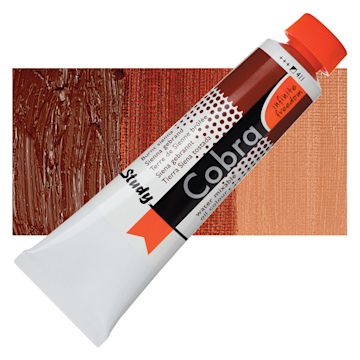 Open in modal - Royal Talens Cobra Study Water Mixable Oil Paint - Burnt Sienna, 40 ml tube and swatch