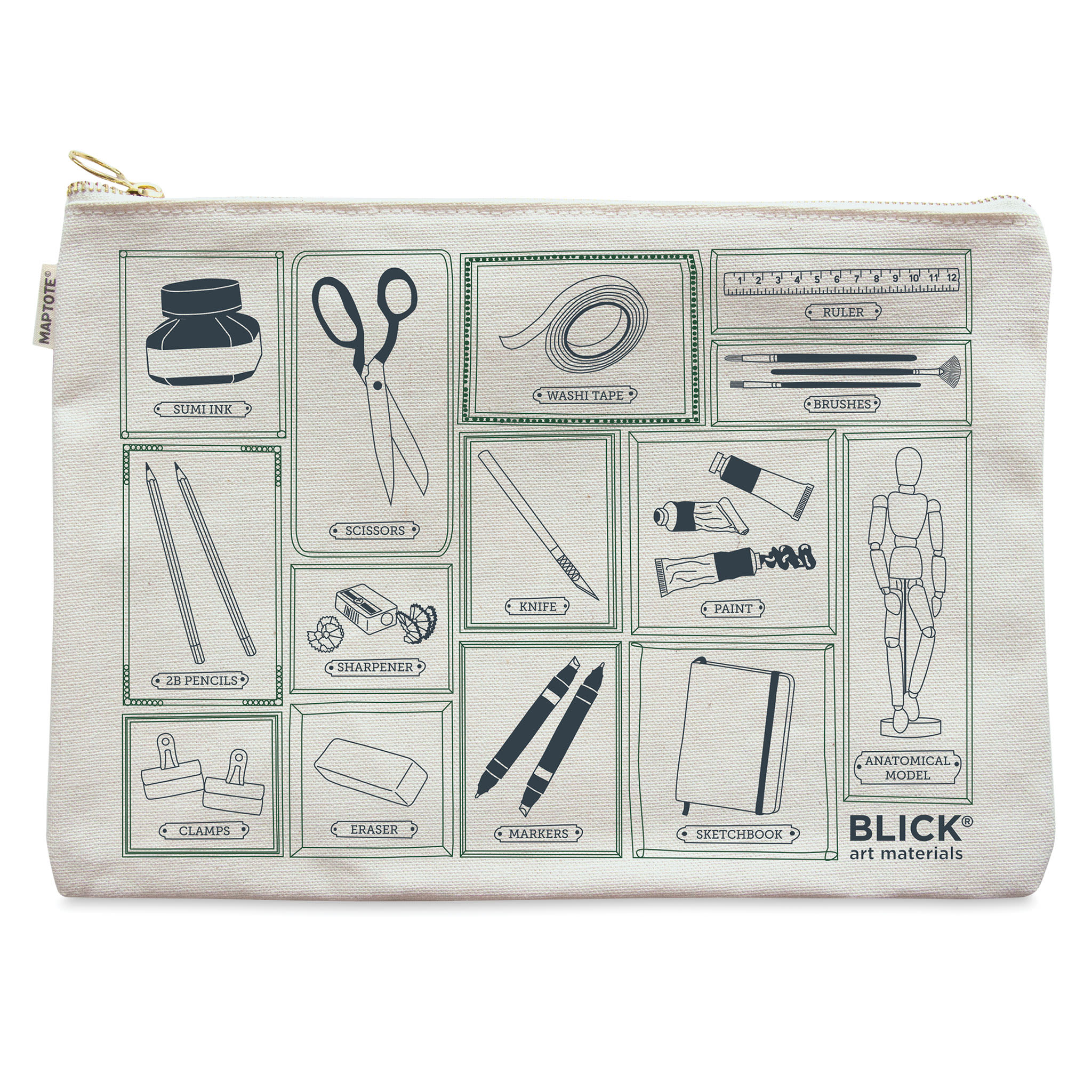Blick Flat Zip Pouch by Maptote - Gray and Green (front of pouch)