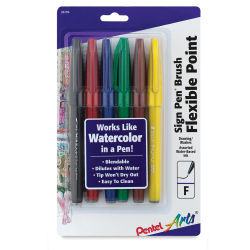 Pentel Arts Brush Tip Sign Pen - Front of package of set of 6 Primary Colors