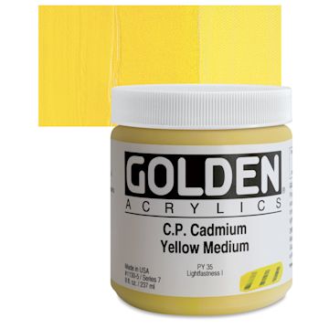 Open in modal - Golden Heavy Body Artist Acrylic - Cadmium Yellow Medium, 8 oz Jar and swatch