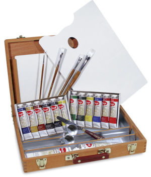 Utrect Artists' Acrylic paint - Deluxe Easel Set. Open wood box, tubes, brushes, palette pad, cups.