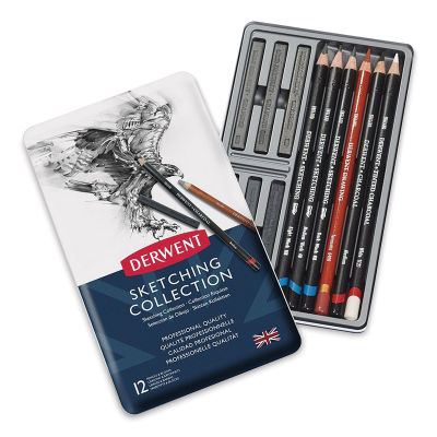 Derwent Sketching Collection - Set of 12 shown open in tray with lid adjacent