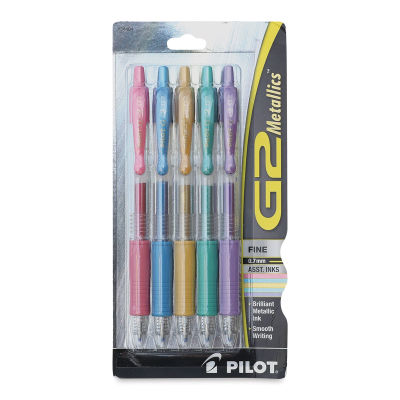 Pilot G2 Gel Pen Set - Front of blister package of 5 pc set of Metallic Colors showing pens