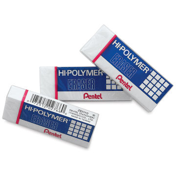 Pentel Hi-Polymer Erasers - 3 Small White Erasers shown in packaging