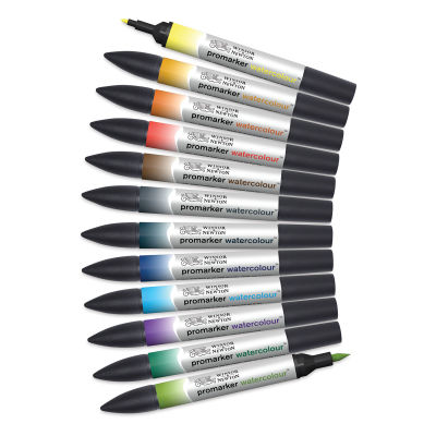 Promarker Watercolor Marker Sets - 12 pc set of Landscape colors, horizontally with two caps removed
