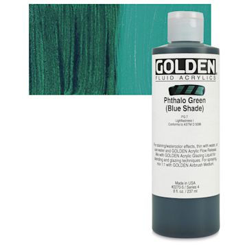 Open in modal - Golden Fluid Acrylic - Phthalo Green (Blue Shade), 8 oz bottle and swatch