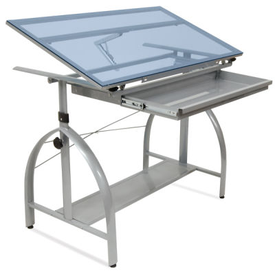 Avanta Drafting Table - Left angled view with drawer open and table surface raised