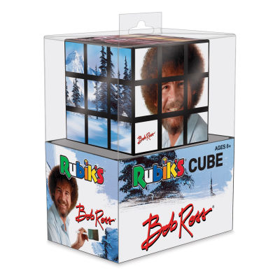 Bob Ross Rubik's Cube - Angled view of Cube sitting on top of Package